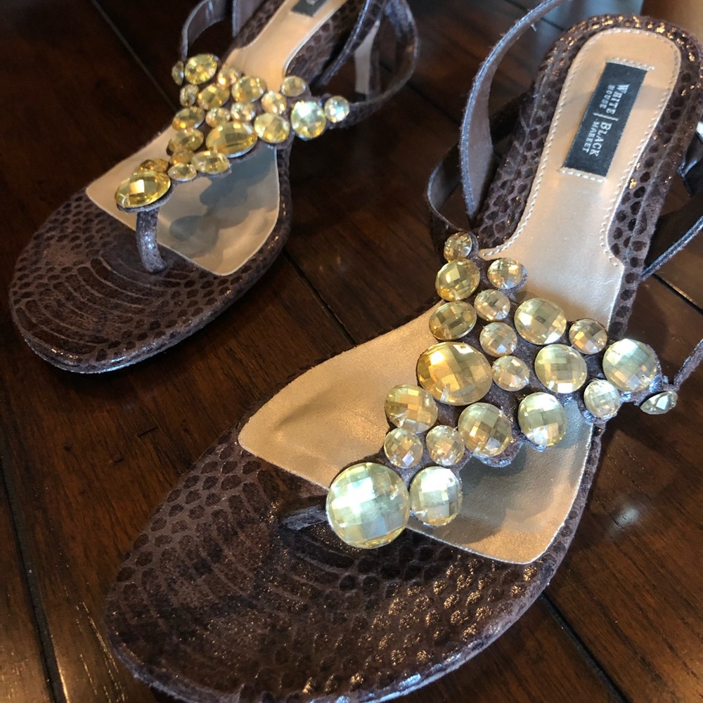 Brown faux snake skin jeweled kitten heels